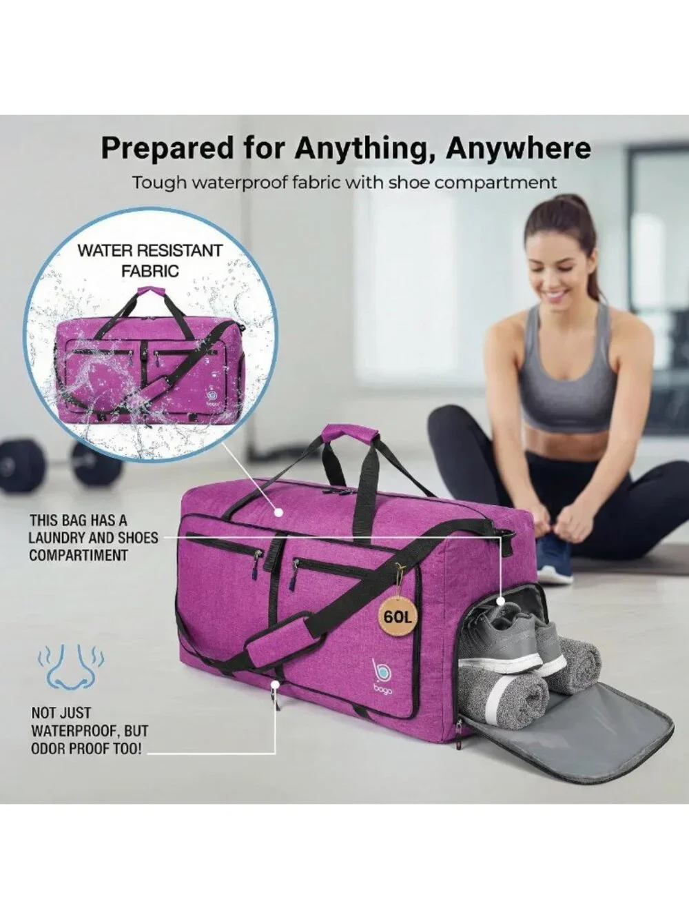 Durable Lightweight 60L Duffle Bag for Travel | Foldable Weekender with Shoe
